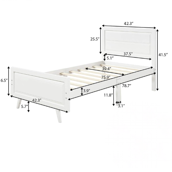 White twin-size wooden sleigh bed frame with headboard, modern painted finish, and underbed storage – ideal for kids’ rooms, guest spaces, or dorms

