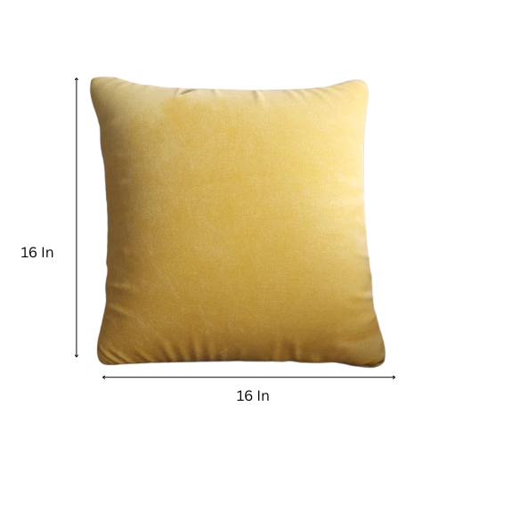 Yellow crushed velvet throw pillow, 16x16 square design with soft, reversible fabric and hidden zipper, styled on a light-toned sofa for a cheerful, cozy look.

