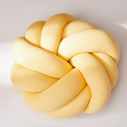 Yellow handmade cotton knot throw pillow, round design, 30 cm diameter – soft plush decorative cushion for sofa, bed, chair, or car