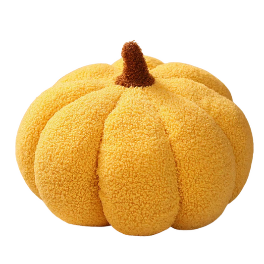 Yellow plush pumpkin throw pillow – soft 3D fall cushion for Halloween, Thanksgiving, and autumn home décor
