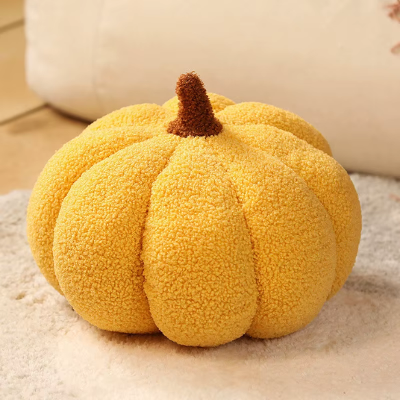 Yellow plush pumpkin throw pillow – soft 3D fall cushion for Halloween, Thanksgiving, and autumn home décor