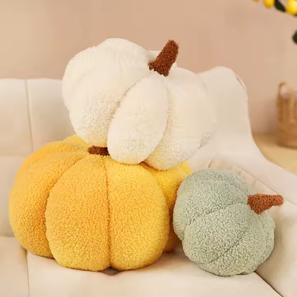 Yellow plush pumpkin throw pillow – soft 3D fall cushion for Halloween, Thanksgiving, and autumn home décor