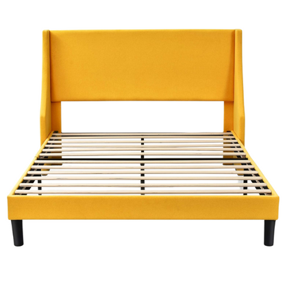 Yellow linen upholstered queen platform bed with wingback headboard, slatted base, and black tapered legs – no box spring required

