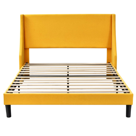 Yellow linen upholstered queen platform bed with wingback headboard, slatted base, and black tapered legs – no box spring required

