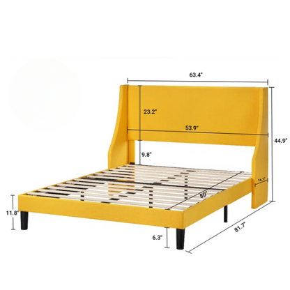 Yellow linen upholstered queen platform bed with wingback headboard, slatted base, and black tapered legs – no box spring required

