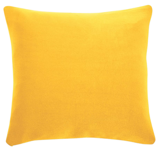 Set of 2 yellow square throw pillows with corded edges and hidden zipper closure, made of soft cotton-blend twill fabric, perfect for modern and transitional home décor.