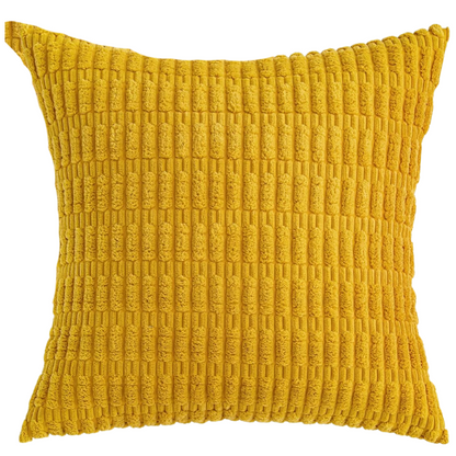 Yellow striped corduroy throw pillow cover with zipper closure, perfect for modern and boho home décor.