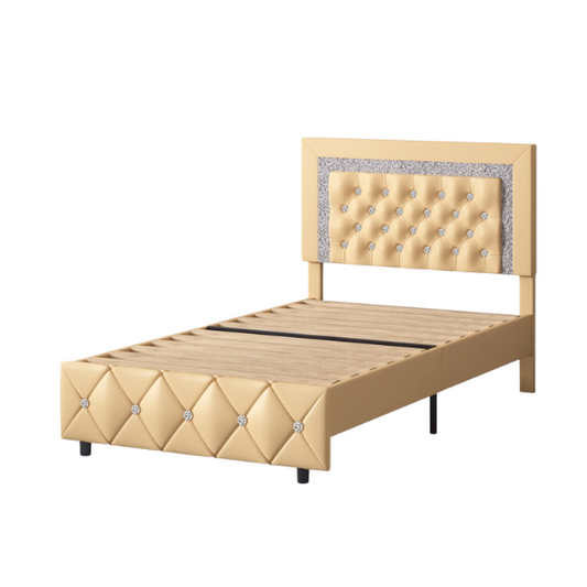 Yellow Twin Bed Frame with Crystal Tufted Headboard and Faux Leather Upholstery – No Box Spring Required

