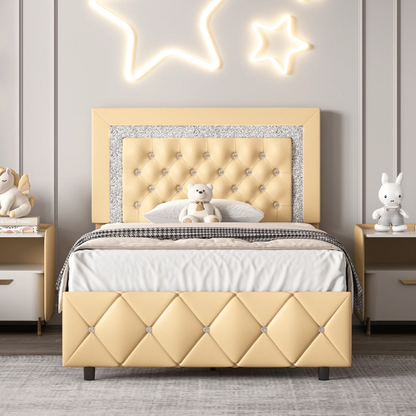 Yellow Twin Bed Frame with Crystal Tufted Headboard and Faux Leather Upholstery – No Box Spring Required

