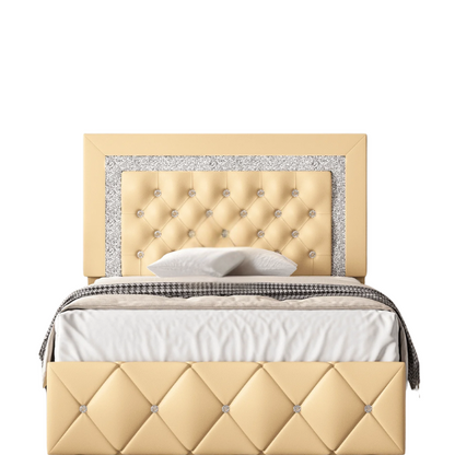 Yellow Twin Bed Frame with Crystal Tufted Headboard and Faux Leather Upholstery – No Box Spring Required

