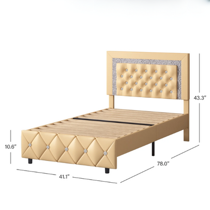 Yellow Twin Bed Frame with Crystal Tufted Headboard and Faux Leather Upholstery – No Box Spring Required

