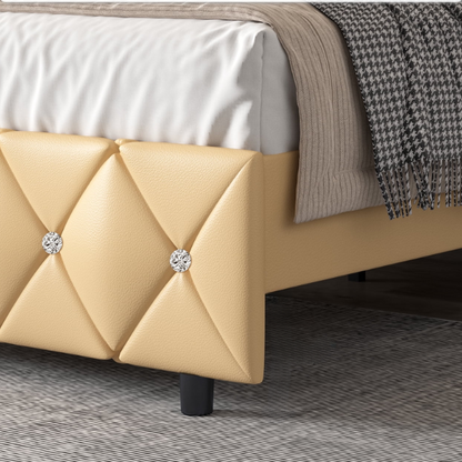 Yellow Twin Bed Frame with Crystal Tufted Headboard and Faux Leather Upholstery – No Box Spring Required

