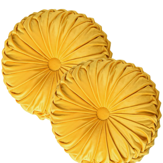 Set of 2 yellow pleated velvet round throw pillows with button tufted center – 14.5 inch pumpkin-style decorative cushions for sofa, bed, or cozy nook

