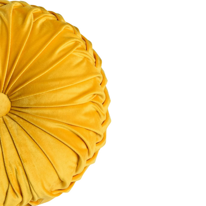 Set of 2 yellow pleated velvet round throw pillows with button tufted center – 14.5 inch pumpkin-style decorative cushions for sofa, bed, or cozy nook

