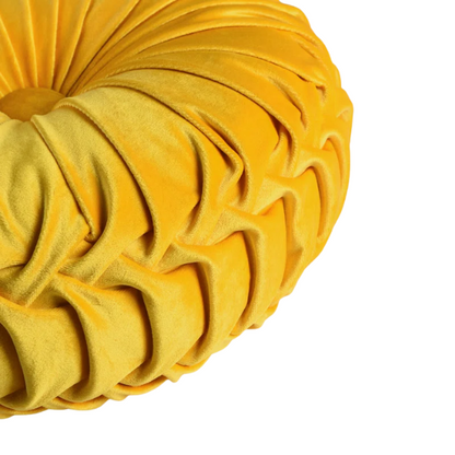 Set of 2 yellow pleated velvet round throw pillows with button tufted center – 14.5 inch pumpkin-style decorative cushions for sofa, bed, or cozy nook

