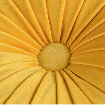 Set of 2 yellow pleated velvet round throw pillows with button tufted center – 14.5 inch pumpkin-style decorative cushions for sofa, bed, or cozy nook

